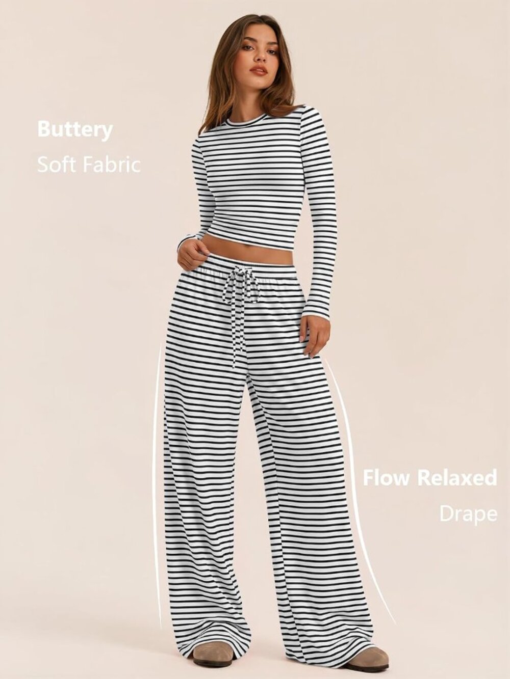 Women Striped White Black Winter Style Airport Lounge Set Pockets Wide Leg Pants - Picture 2 of 6